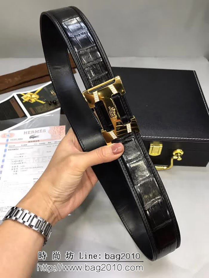 愛馬仕HERMES 進口鱷魚腹皮 精工製作 鋼材質五金件高端男士皮帶 HHG1339